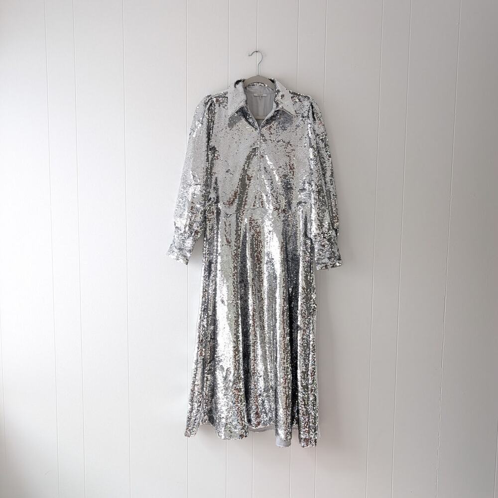 Ganni Silver Sonora Sequined Crepe Long Sleeve Midi Maxi Dress, size Fr38/ US 6